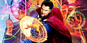 Benedict Cumberbatch as Doctor Strange in front of Marvel Comics art