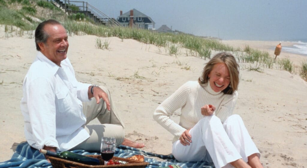 Diane Keaton and Jack Nicholson on the beach shooting Something's Gotta Give