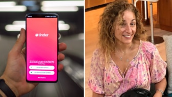 a pink dating app open on a phone held by a person and a woman wearing a floral dress and blond hair