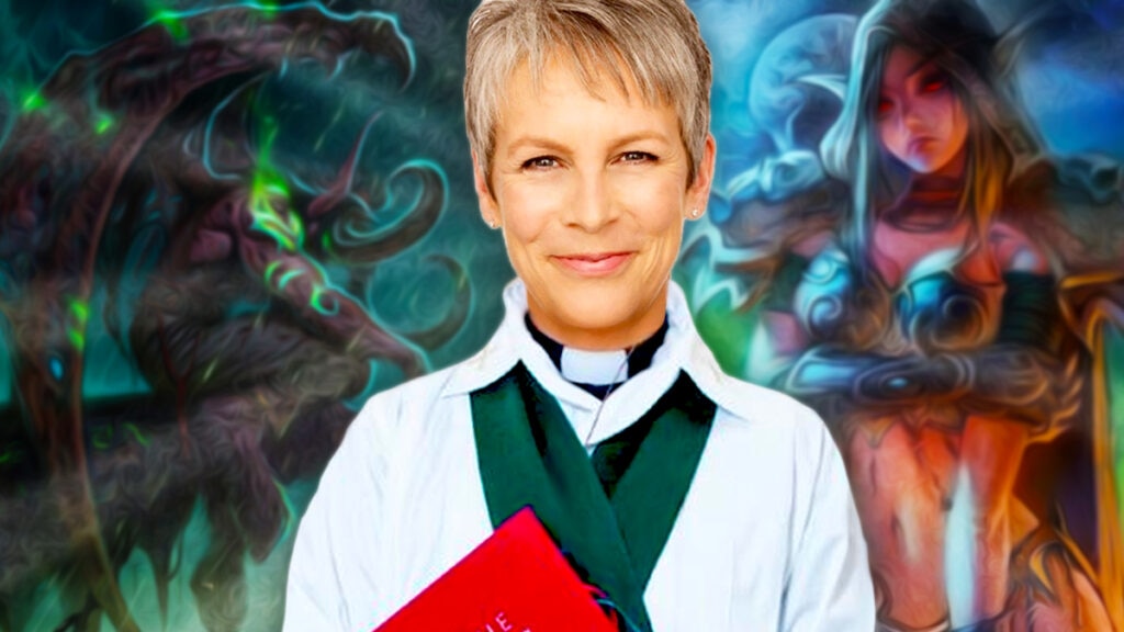Jamie Lee Curtis as a priest in front of World of Warcraft background