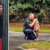 police officer arresting a man and a police officer hugging a little girl