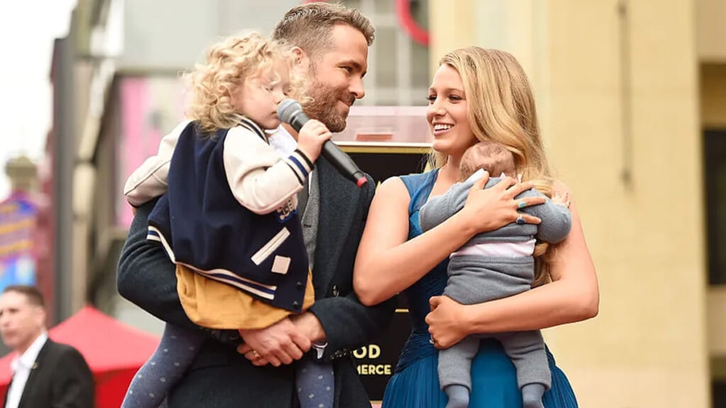Ryan Reynolds and Blake Lively with their kids outside