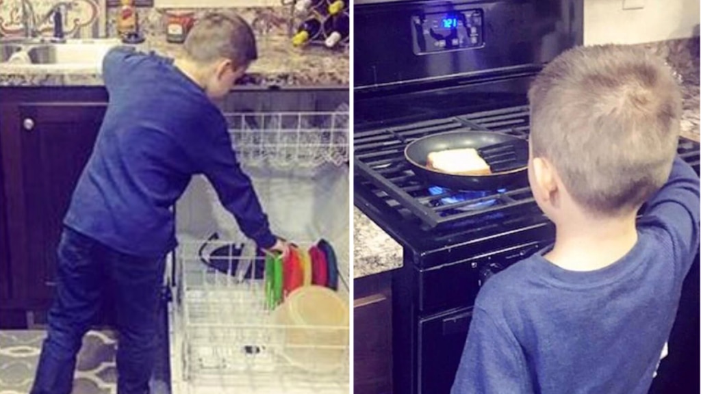 little boy doing dishes and cooking food