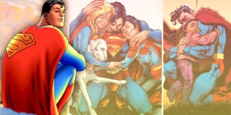 Superman smiling overlooking hugs with his family and a little girl