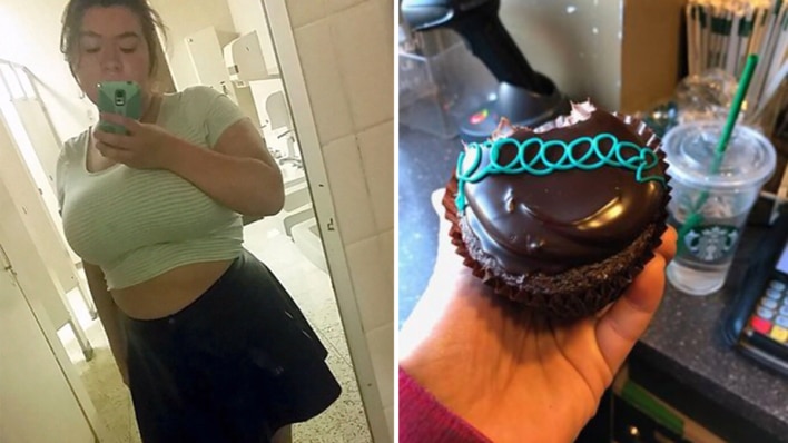 woman wearing a crop top and a black skirt and a person holding a cupcake