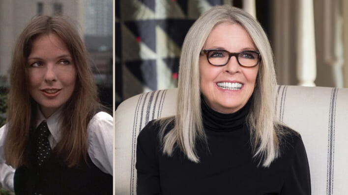 Side by side photos of Diane Keaton in Annie Hall and in 2022.