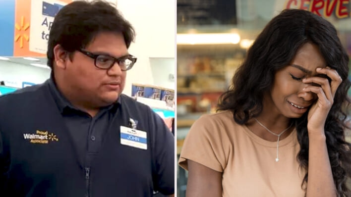 Walmart employee looks concerned at crying woman in store